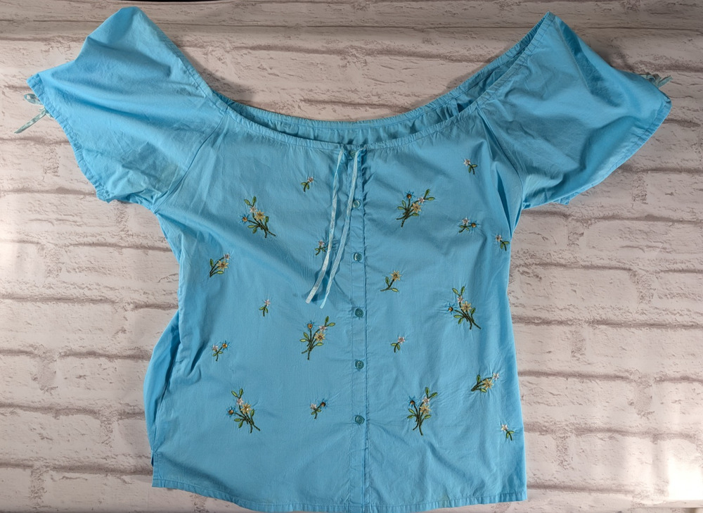 DCC Woman Cottagecore Blouse 14/16 Blue Embroidered Off The Shoulder Peasant